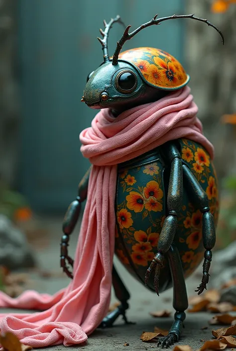 floral beetle wearing a (long:1.2) pink (scarf:1.3), a beetle with arms and a head, (dark shot:1.17), epic realistic, faded, ((n...