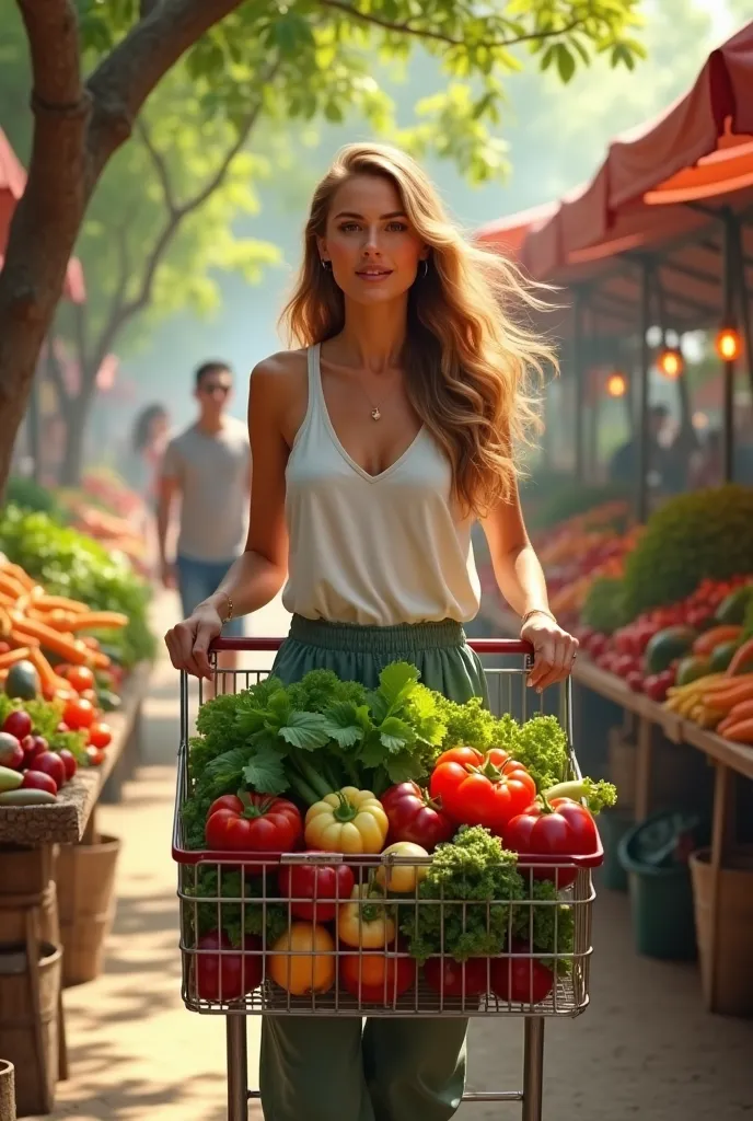 beautiful woman with a shopping cart full of healthy vegetables