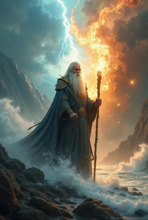 a wizard is summoning earth, wind, fire and water, wielding of the elements, epic fantastic movie scene, epic cinematic brillian...