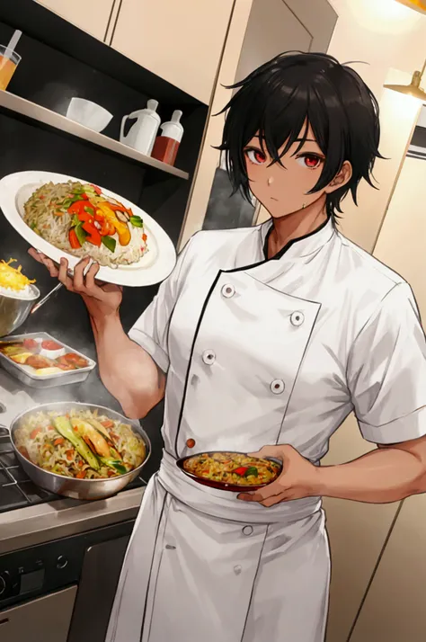 anime man tan skin, chef, black hair, nasi goreng