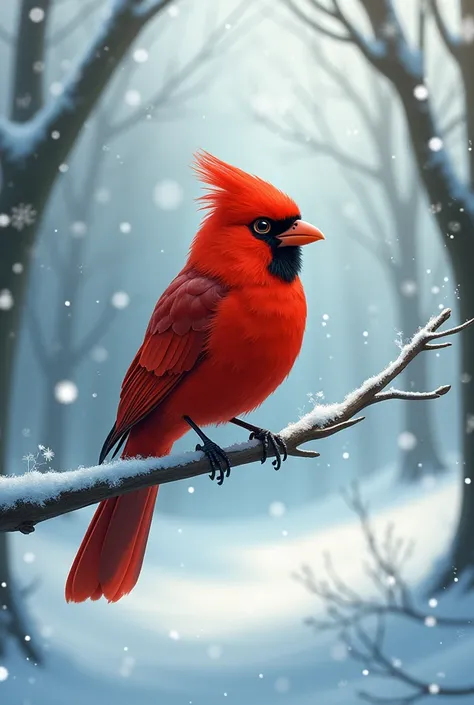 Red bird on twig in snow Ghibli fantasy photo size 9:16