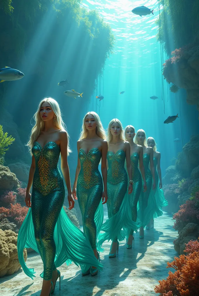 receptionist group parade going to welcome + hotel under the sea  + hotel uniform + mermaid