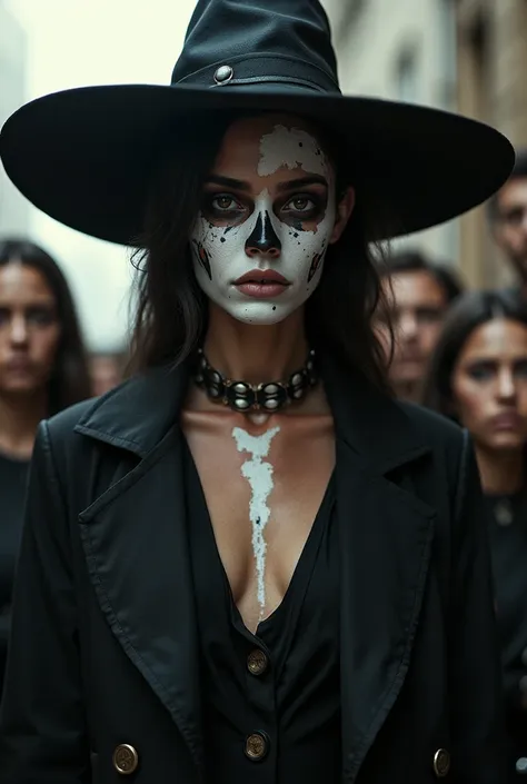 a woman with vitiligo on skin with witch hat while people are pointing to her