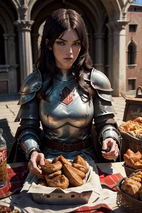 jennifer carpenter looks like holding kfc chicken wings (medieval knight armor, black hair) sitting on the blanket, picnic at ro...