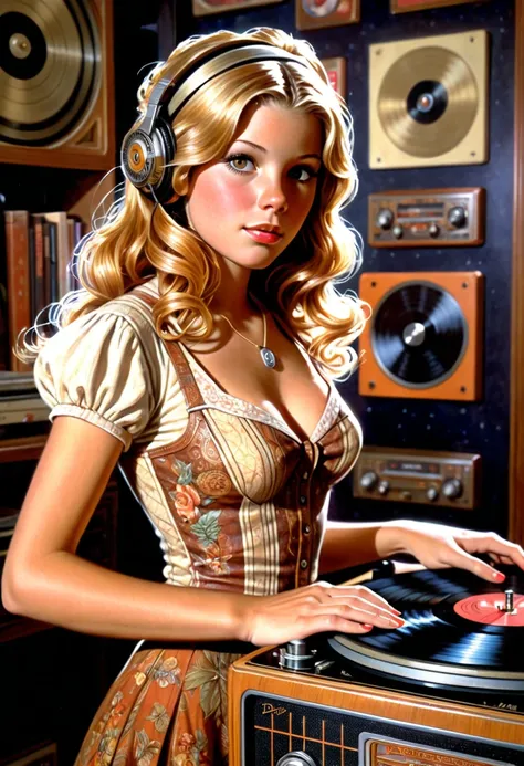 vintage record player, girl, by drew struzan.
best quality, masterpiece, intricate details, ultra-detailed