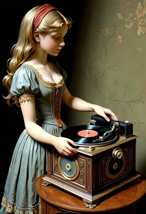 vintage record player, girl, by gustave doré.
best quality, masterpiece, intricate details, ultra-detailed