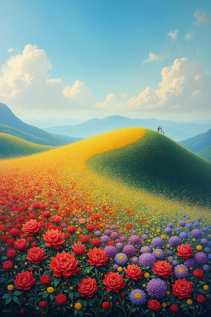 create a hill full of flowers ,  as if it were an oil painting