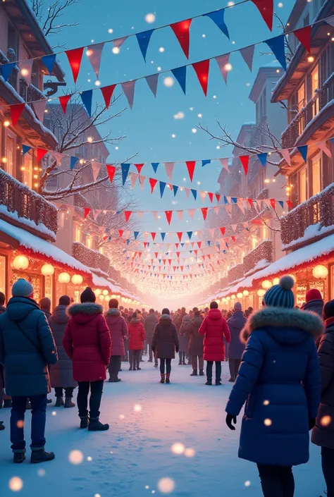 Create me a poster for a year-end party - it should look communal and wintery. A demonstration with red and blue flags should b...