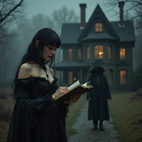 a female witch with a gothic bodice and black leggings while, in the foreground, she is casting a spell with her gaze turned tow...