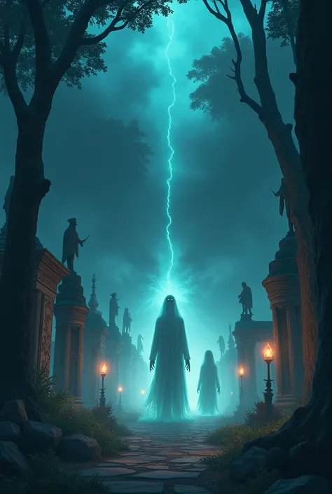 create a pixar-like poster of the central cemetery of bogotá with ghosts and spooky things, which are truly terrifying and very ...