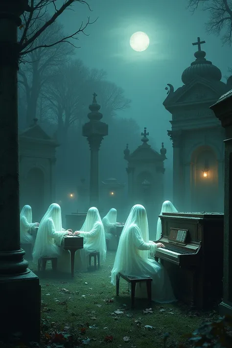 party of ghosts playing electric pianos in the cemetery