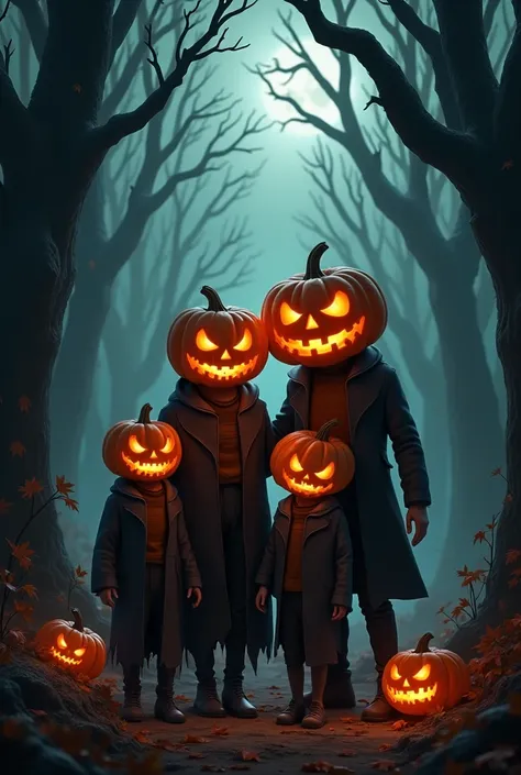 a family with a pumpkin head for halloween,en un bosque oscuro