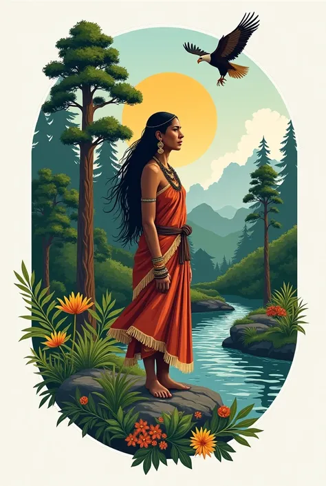 create an image like logo  .  in it you are going to place an indigenous woman  , mother earth, a river,  trees traditional medi...