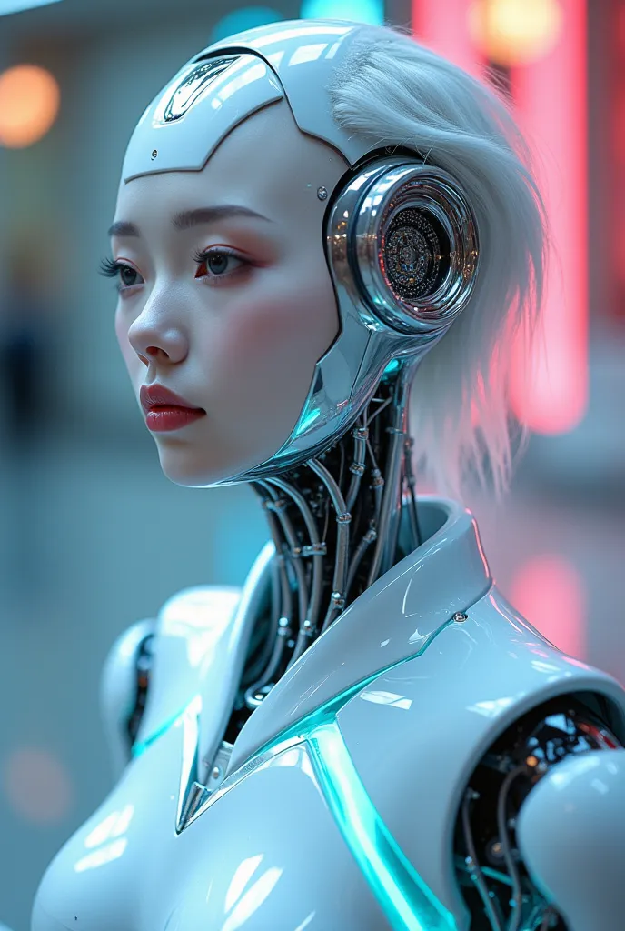 photo of a middle-aged female japanese female robot , made of smooth white and silver translucent glass and plastic],  geisha ma...