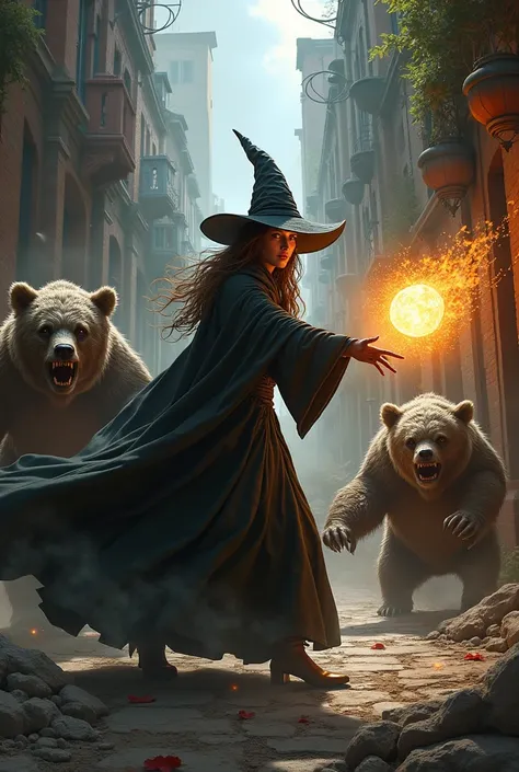 a female wizard in a dark robe and pointy hat. she is shooting fireball spells at bear monsters in a old city.