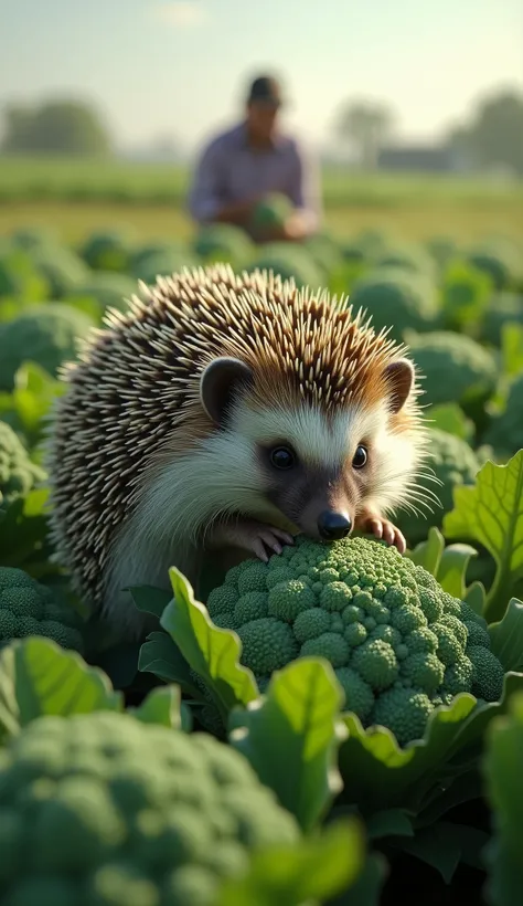 detailed hedgehog eating on top of broccoli,1 hedgehog,extremely detailed hedgehog,broccoli field,farmer in the background,detai...