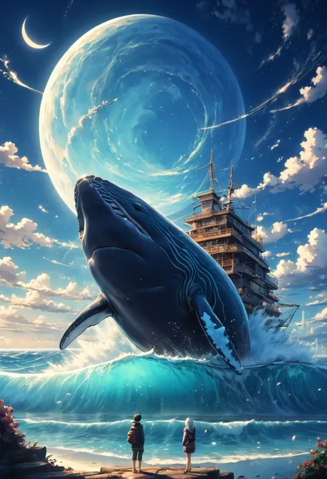 a huge whale appeared in the sky before the full moon，makoto shinkai cyril rolando, anime art wallpaper 4k, anime art wallpaper ...