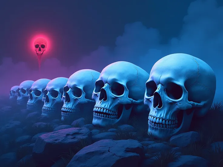 horizontal image of skulls with blue, purple and black colors