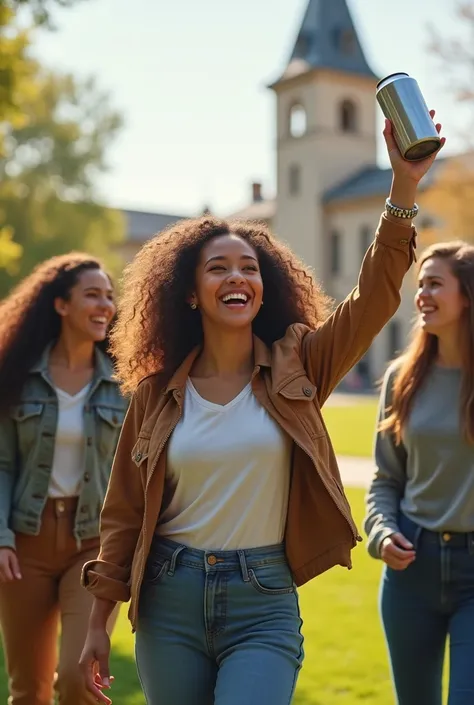 create a photo that a woman in college taking an Engineering hloding canister and happy with her friends picture not realistic
...