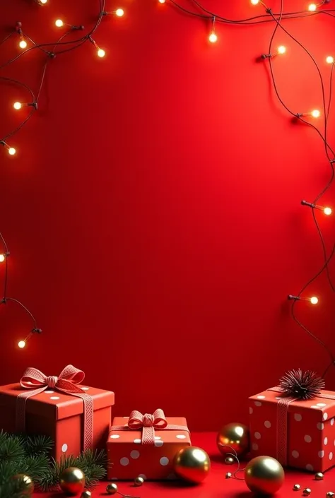 create a Christmas background in the color red, For menu , Includes lots of Christmas details, lights, gift box