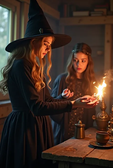 clara,  turned into a powerful witch , perform a spell under the guidance of eleanor , whoever proudly watches her ;  the backgr...