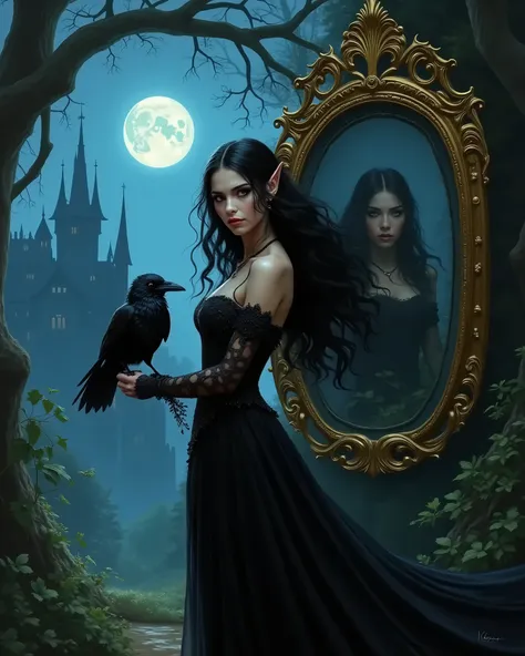 gothic atmosphere , the witch elf in a beautiful black dress holds a crow in her hand and looks at the viewer,  hair black beaut...