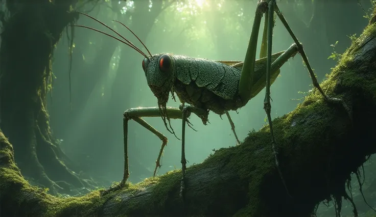 ultra-realistic image of a realistic and terrifying green grasshopper with a dark and menacing appearance in an enchanted forest...