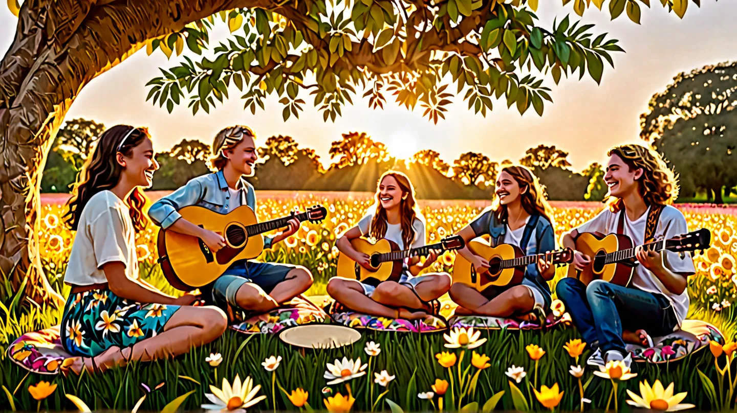 a diverse group of caucasian teenagers sitting in a circle under a leafy tree and in a flowery field,  with simple musical instr...