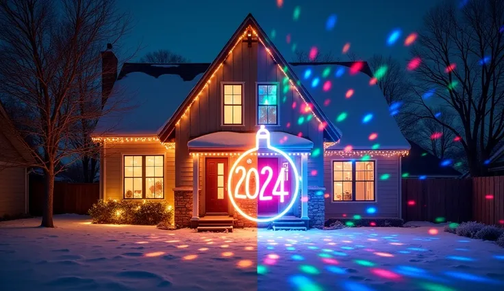 A split-screen design: one side shows a single house lit with a basic string of lights, while the other side shows a vibrant dis...