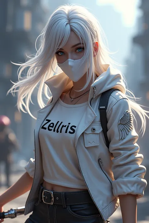 game free fire style female character with white hair, blue eyes, wearing a white mask, a white jacket , a white shirt written  ...