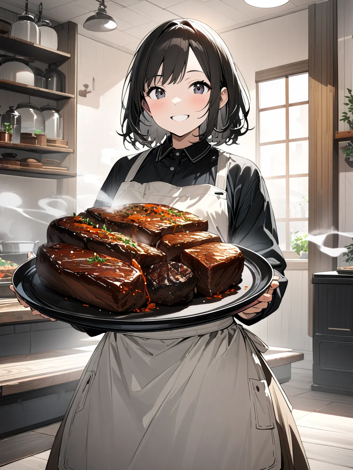 1 gril, holding plate with blackened meat dish with both hands, smoke coming from food, looking at camera, apron, smiling, carbo...