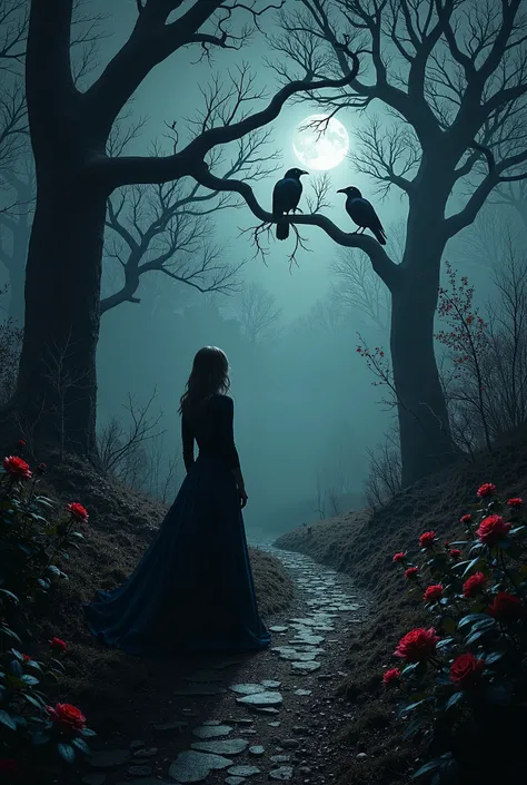 vertical photo of a dark night in a forest with roses, crows and a woman on a path