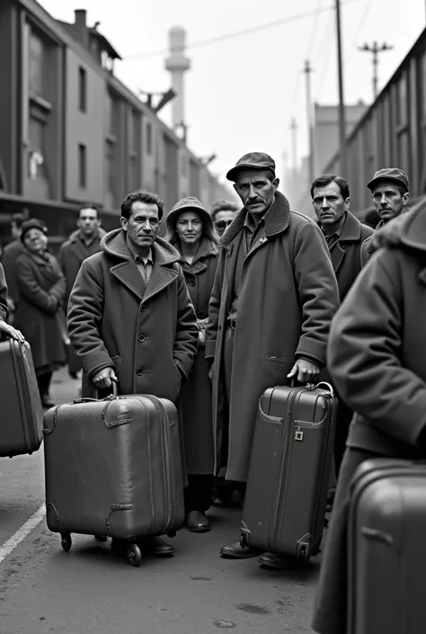 photo black and white italian immigrants arrive in belgium in the 50s with luggage