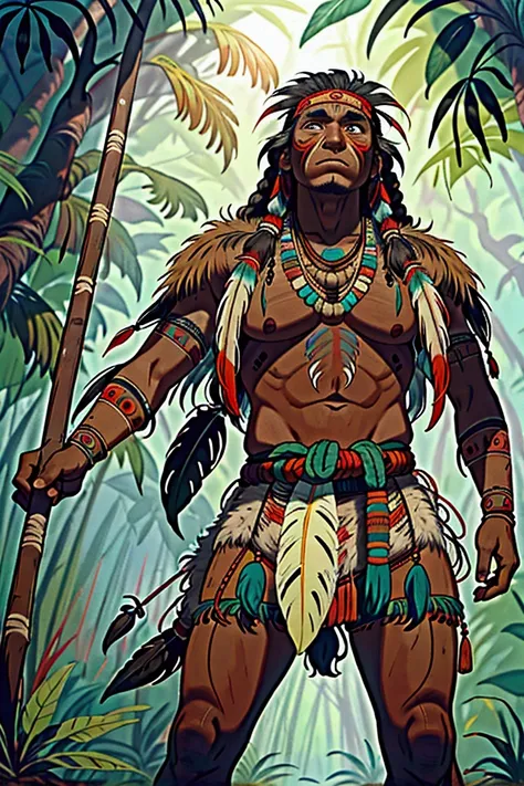 in a very dense and very humid jungle, a native american from amazon with beautiful amerindian makeup on his face. the man is hu...