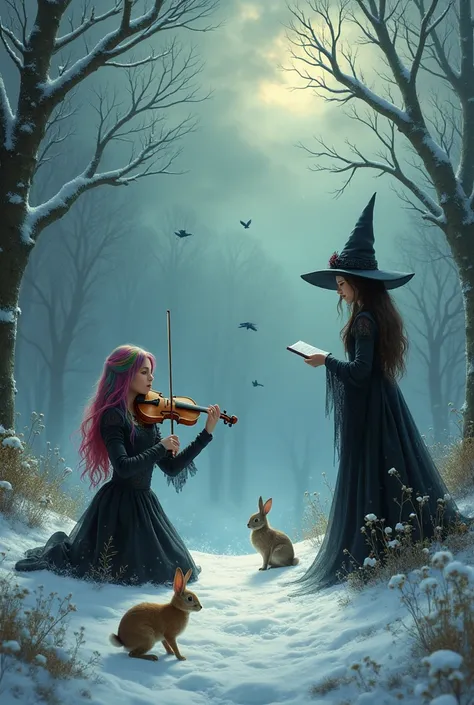 breasts, gothic girl with colored hair on her knees in the snow plays violin and a pretty witch is listening with animals