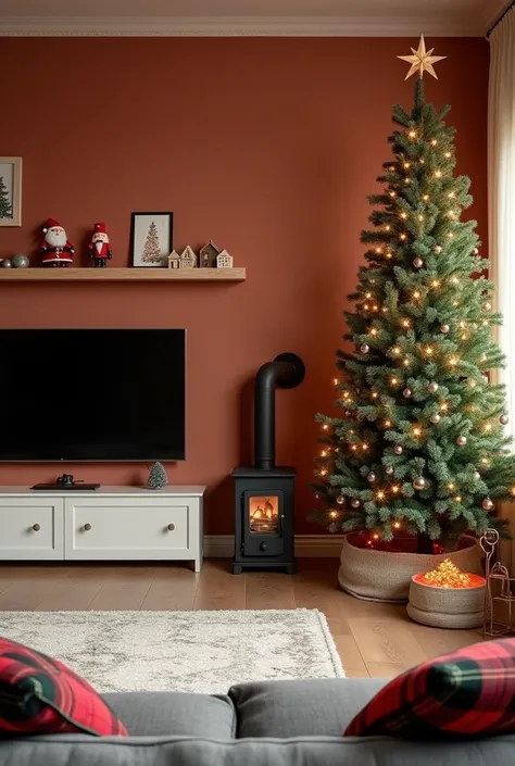 Crée une image dun salon avec un mur terracotta sur lequel une étagère en bois clair est fixé. On the floor a white TV stand wi...