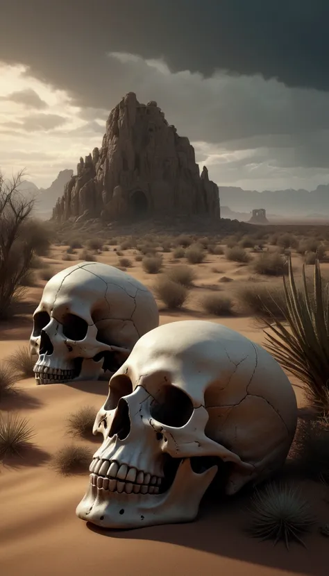 a serene pastoral idyll, desert landscape, horror elements, skulls and skeletons, detailed cinematic composition, dramatic light...