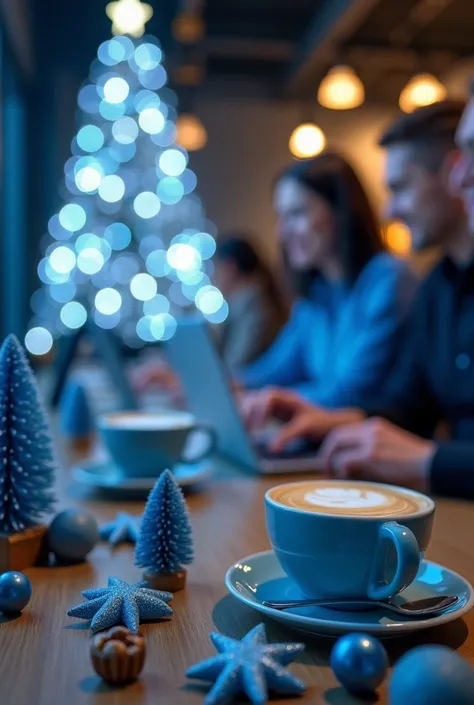 An image that combines the professional atmosphere of a coworking with the Christmas spirit, using blue tones and festive elem...
