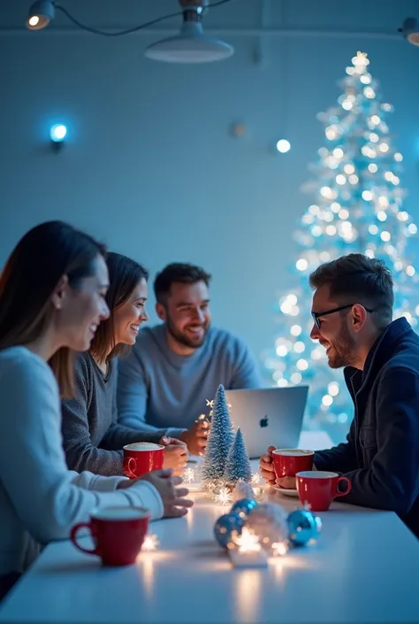 An image that combines the professional atmosphere of a coworking with the Christmas spirit, using blue tones and festive elem...