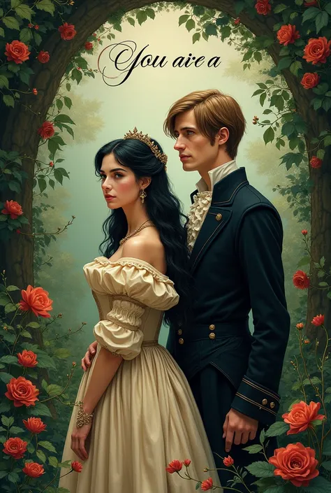 a cover of a book where in the background green flowers / plants are a black-haired princess with an empire dress and a man with...