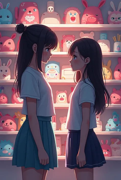 two girls looking at each other older and younger 
give them space, not to close to each other 
with a background of shelves ful...