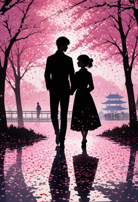 this pair is silhouetted against pink confetti and a background, silhouette, 1girl, 1boy, cherry blossoms