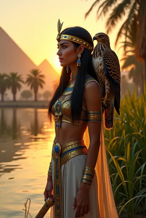 create an intricate depiction of an "egyptian warrior princess" of native origin, in a breathtaking natural setting that symboli...