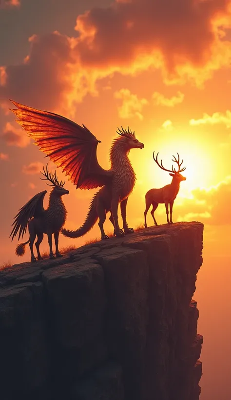 "a majestic scene featuring a gryphon, a dragon, and a stag, each standing separately but evenly spaced on a rocky cliff under a...