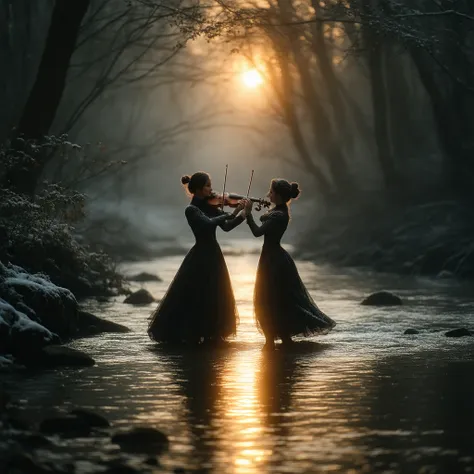 autumn sunset and the first snow, a sunny river, musical instruments flute and violin waltz to the gentle notes of music