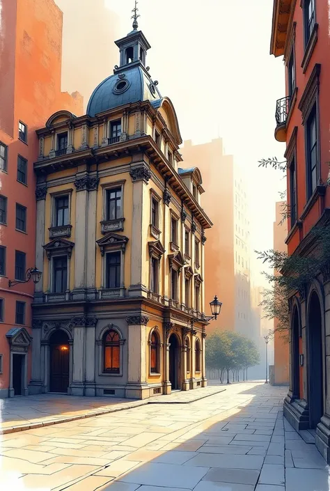 prompt: an architectural sketch, with a detailed play of light and shadow, the building has an ornate, classic style, the drawin...