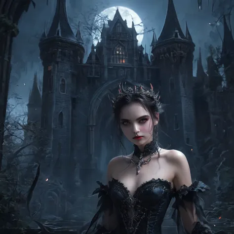 an alluring vampire seducing her prey in the shadows of a gothic castle, her fangs gleaming in the moonlight.