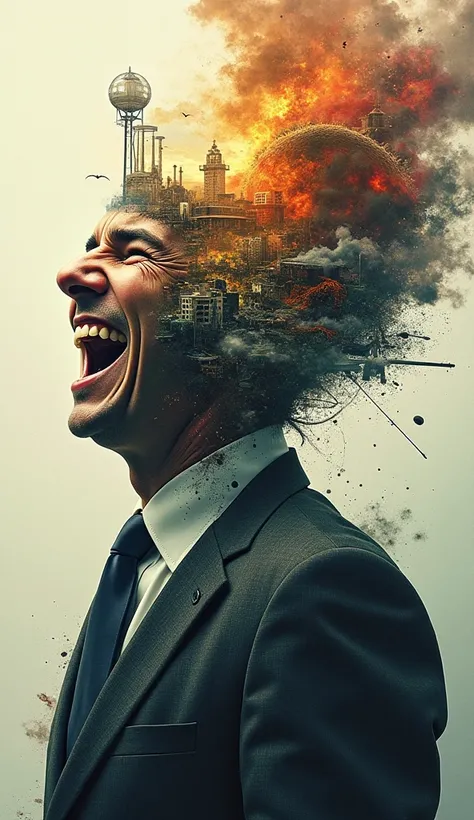 toxic world spilling out of the mind of businessmen who is laughing fantasy concept art surreal abstract double exposure style m...