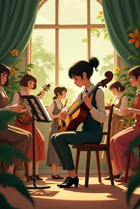 an image for the day of the ghibli-style musician and female jazz orchestra type