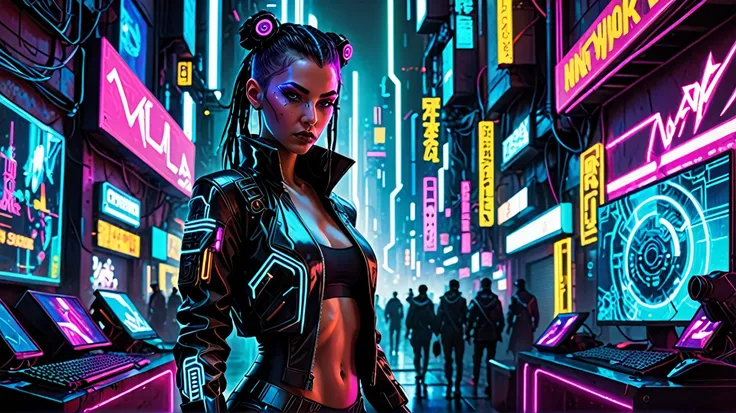 a fiercely determined hacker girl navigates the shadowy corners of the cyberpunk black market. her sharp gaze and quick fingers ...